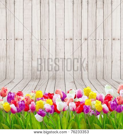 Tulip Flowers  On Wooden Wallpaper.