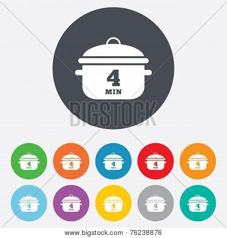 Boil 4 minutes. Cooking pan sign icon. Stew food