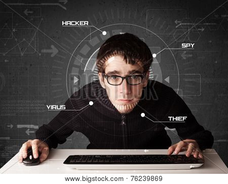 Young hacker in futuristic enviroment hacking personal information on tech background