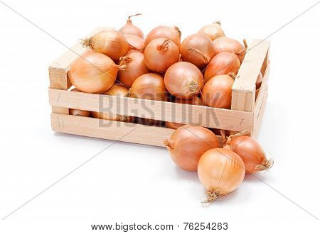Yellow Onions In Wooden Crate