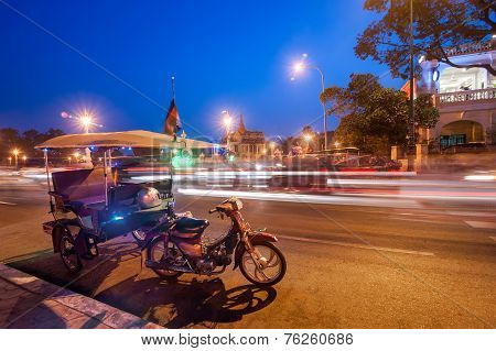Moto Taxi At Asian City. Phnom Penh, Cambodia