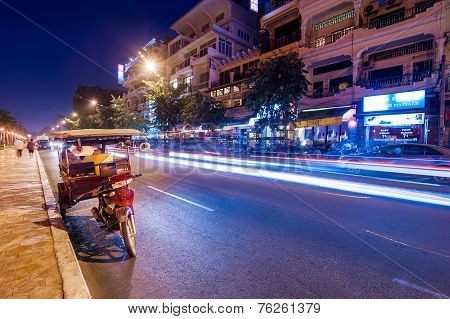 Moto Taxi At Evening Asian City. Phnom Penh, Cambodia