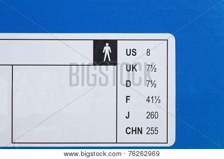Close - up shoes international size on shoes box