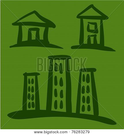 Set of House sketches on green background