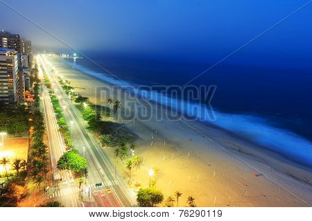 Night View Of Ipanema Beach After Sunset,  With Fog From The Sea On The Background, Rio De Janeiro