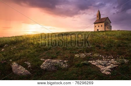 Old Roman Church At Sunset In Drazovce, Slovakia