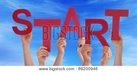 Many People Hands Holding Red Word Start Blue Sky