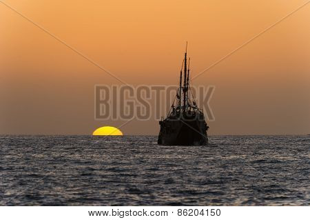 Peaceful Ship Sunset At Sea