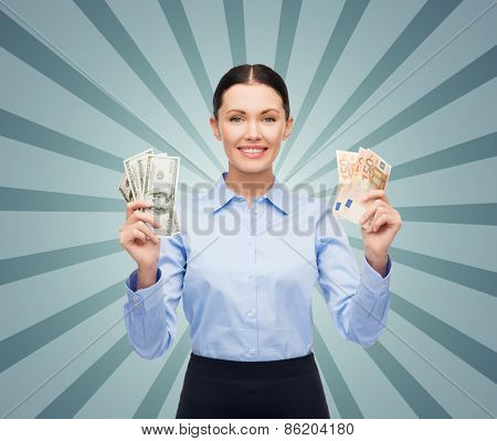business, people, banking and finances concept - young businesswoman with dollar and euro cash money over blue burst rays background