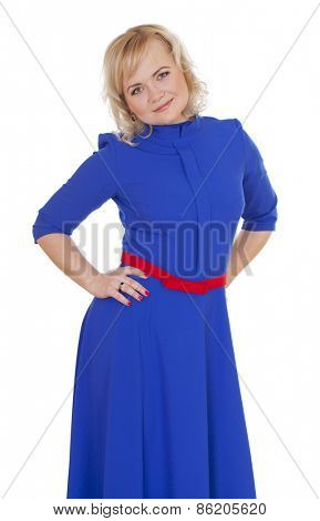 Mid adult cheerful woman portrait in blue dress, attractive caucasian middle 40 years old woman over white