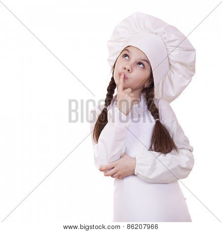 Cooking and people concept - smiling little girl in cook hat, isolated on white background