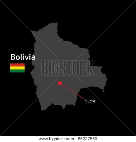 Detailed map of Bolivia and capital city Sucre with flag on black background