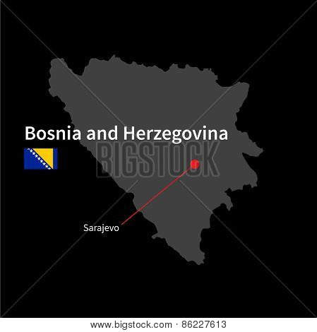 Detailed map of Bosnia and Herzegovina and capital city Sarajevo with flag on black background
