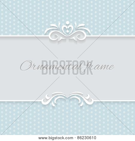 Paper lace frame with seamless borders over ornamental blue background, vector