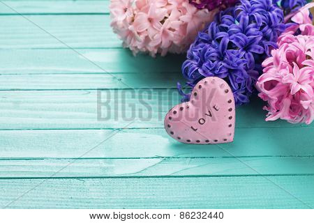Background With Fresh Flowers Hyacynths And Heart