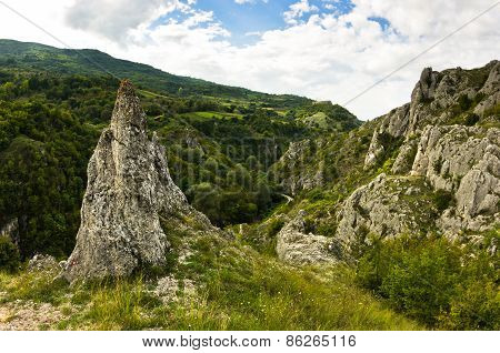 Natural rock formations at Jelasnica gorge at cloudy autumn afternoon