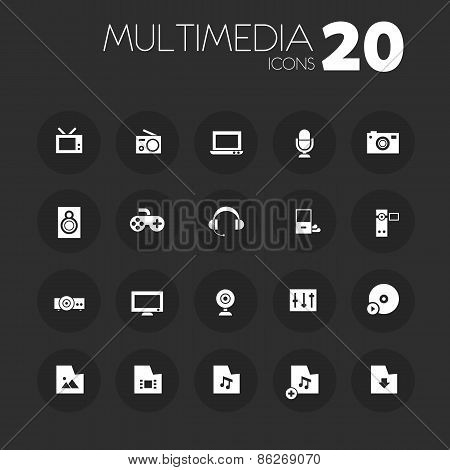 Thin multimedia icons on dark gray