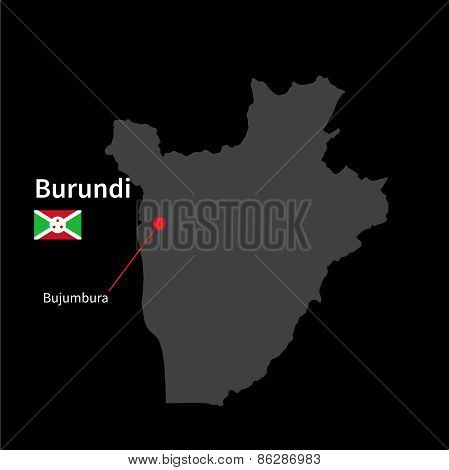 Detailed map of Burundi and capital city Bujumbura with flag on black background