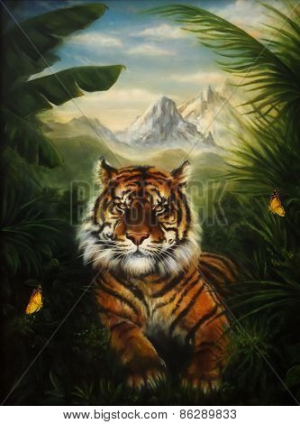 Tiger Resting In The Jungle, Beautiful Detailed Oil Painting On Canvas