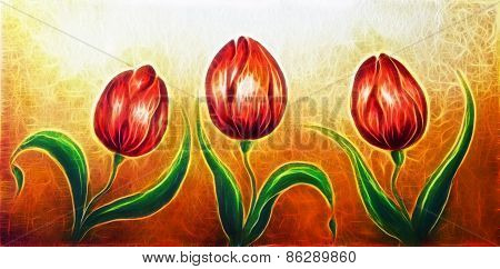 Flower Motive, Three Dancing Red Tulip Flowers, Beautiful Bright Colorful Painting Fractal Effect