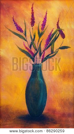 Flowers In A Vase, Dryed Up, On Bright Orange Background, Color Painting