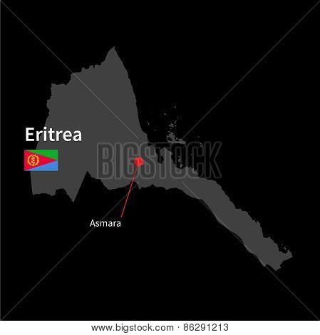 Detailed map of Eritrea and capital city Asmara with flag on black background