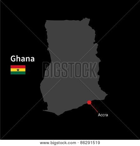 Detailed map of Ghana and capital city Accra with flag on black background