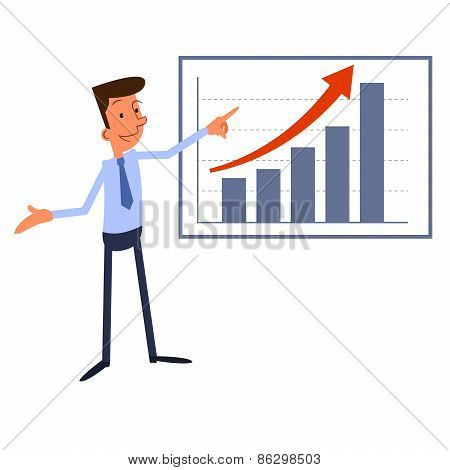 Cartoon businessman presents growth chart