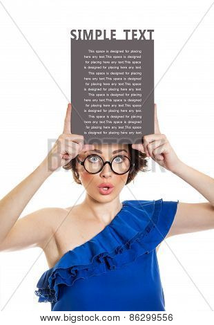 Young Woman Holding Blank Pannel Or Board Over Her Head, Isolated On White. Copyspace