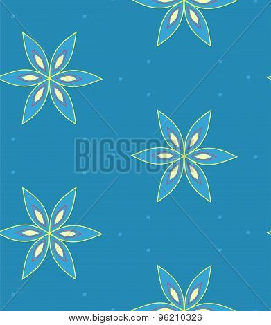 Multicolor geometric flower pattern on blue background, seamless