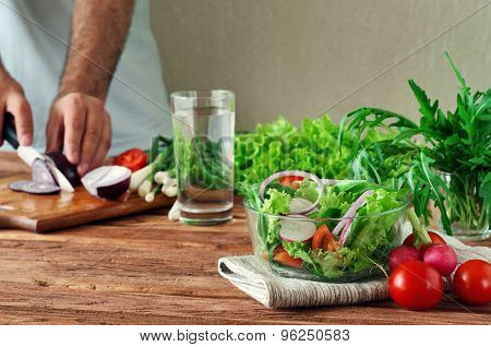 Fresh Salad Of Summer Vegetables In A Deep Bowl Of Glass