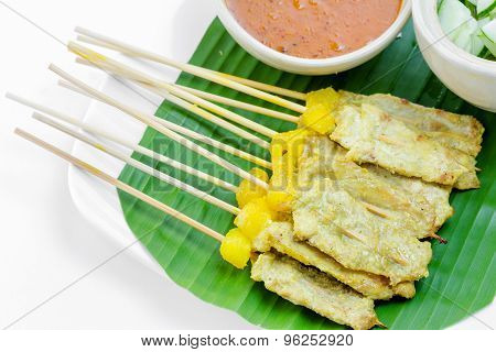 Grilled Pork Satay With Peanut Sauce And Vinegar, Thai Food.