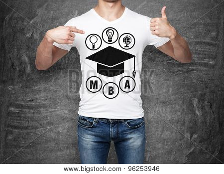Close-up Of A Man Pointing His Finger To The Chest With The Sketch Of The Graduation Hat. A Concept