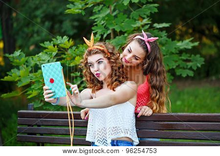 Best Friends In Park. Group Selfies.