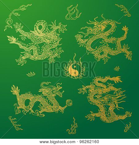 Vector background with asia dragons. Hand drawn illustration.
