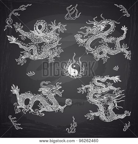 Vector background with asia dragons. Hand drawn illustration.