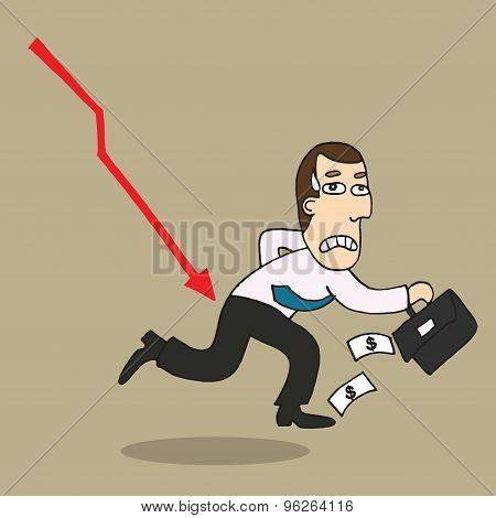Cartoon Businessman Shocking Down Arrow And Downturn Economic Crisis