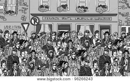 Crowd happy people on the street monochrome
