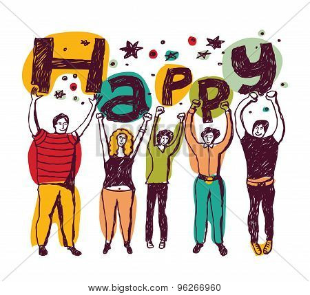 Group happy casual people isolate colors