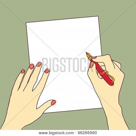 Hand with pen and paper writing color