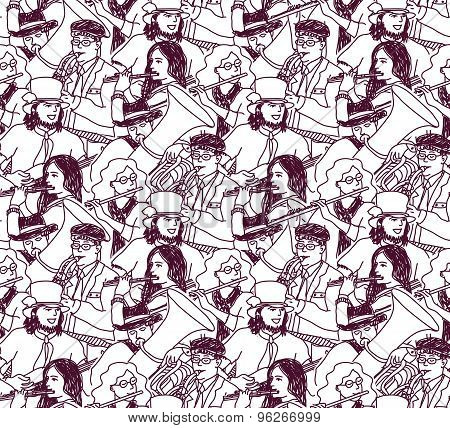 Musicians doodles ink crowd seamless pattern