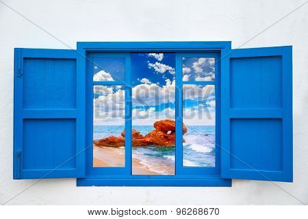 Almeria view from blue window of Mojacar beach photo mount