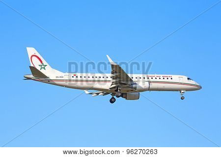 ZURICH - JULY 18: Embraer 190, Air Maroc landing in Zurich after short haul flight on July 18, 2015 in Zurich, Switzerland. Zurich airport is home for Swiss Air and one of the biggest european hubs.