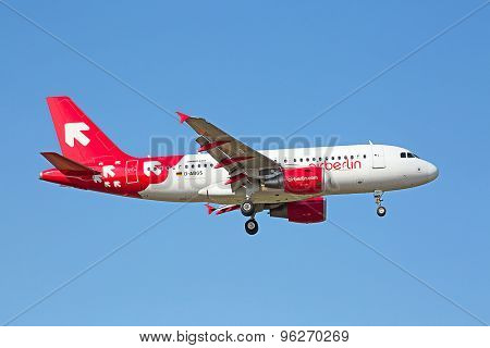 ZURICH - JULY 18: A-319 Air Berlin landing in Zurich airport after short haul flight on July 18, 2015 in Zurich, Switzerland. Zurich airport is home for Swiss Air and one of biggest european hubs.