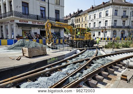 Some Workers Repair And Replace Some Rail Trams