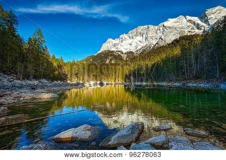Frillensee (small lake near Eibsee) and Zugspitze - the highest mountain in Germany