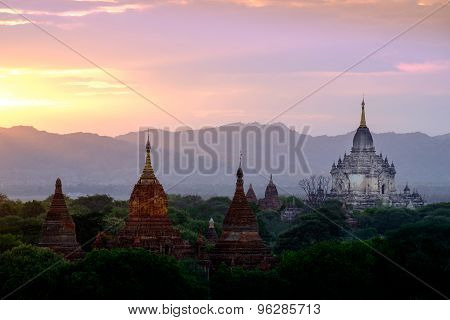 Colorful Sunset Landscape View With Silhouettes Of Temples, Bagan, Myanmar