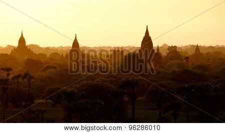 Sunrise Landscape View With Silhouettes Of Old Temples, Bagan, Myanmar