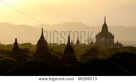 Sunset Scenic View With Silhouettes Of Temples In Bagan, Myanmar