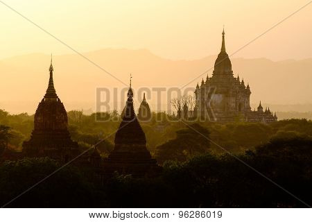 Beautiful Sunset Scenic View With Silhouettes Of Temples In Bagan, Myanmar
